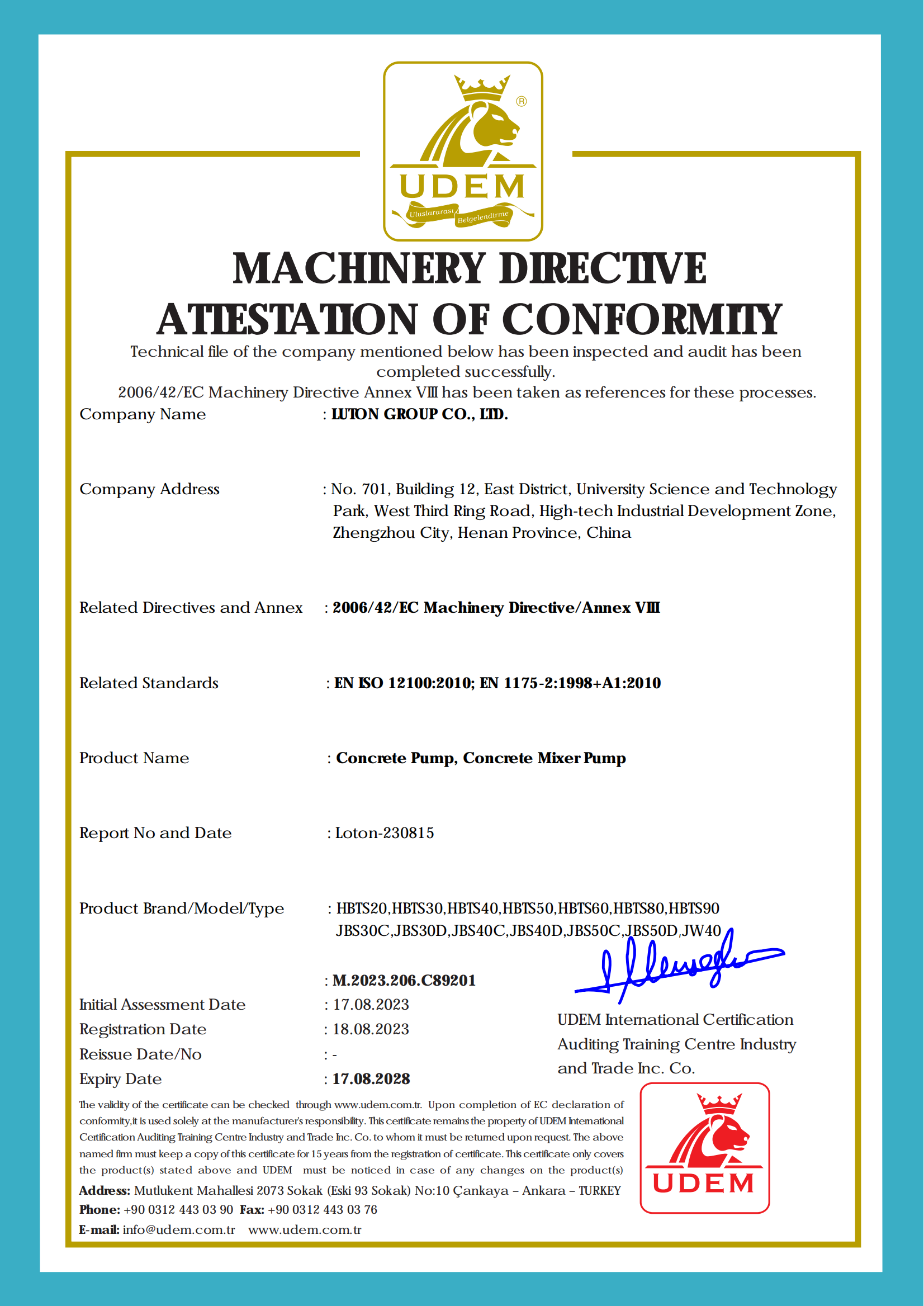 certification of luton concrete pumps